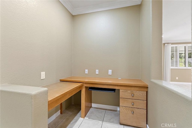 11529 Trailrun Ct, Riverside, CA 92505 - unfurnished office with crown molding, a textured wall, and built in desk