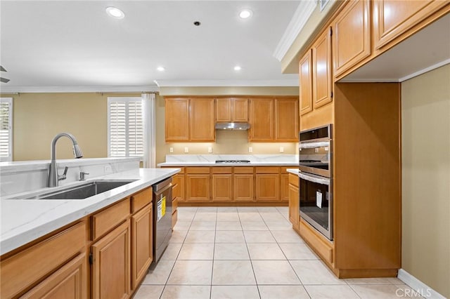 11529 Trailrun Ct, Riverside, CA 92505 - kitchen featuring stainless steel appliances, crown molding, light stone counters, under cabinet range hood, and recessed lighting