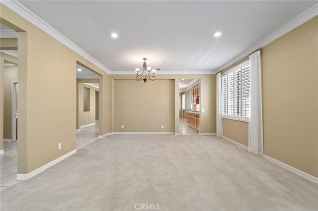 11529 Trailrun Ct, Riverside, CA 92505 - empty room with a chandelier, crown molding, light colored carpet, and recessed lighting