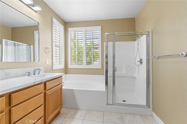 11529 Trailrun Ct, Riverside, CA 92505 - full bathroom featuring vanity, a shower stall, a bath, and tile patterned flooring