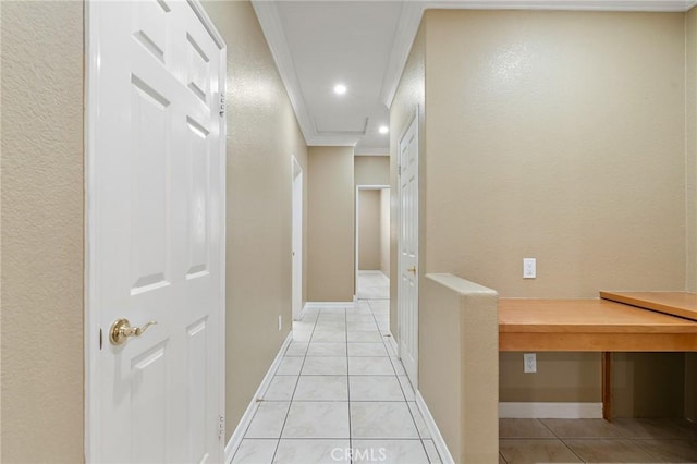 11529 Trailrun Ct, Riverside, CA 92505 - corridor featuring crown molding, light tile patterned flooring, recessed lighting, and a textured wall