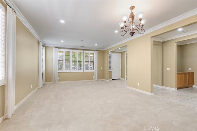 11529 Trailrun Ct, Riverside, CA 92505 - unfurnished room featuring light carpet, ornamental molding, a chandelier, and recessed lighting