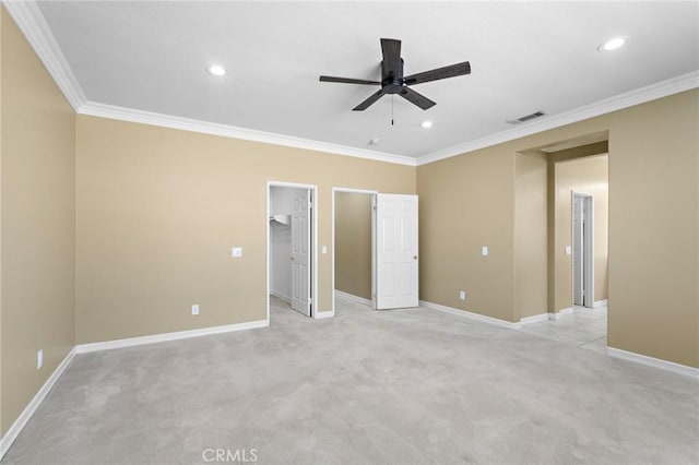 11529 Trailrun Ct, Riverside, CA 92505 - unfurnished bedroom featuring ornamental molding, recessed lighting, light colored carpet, a walk in closet, and ceiling fan