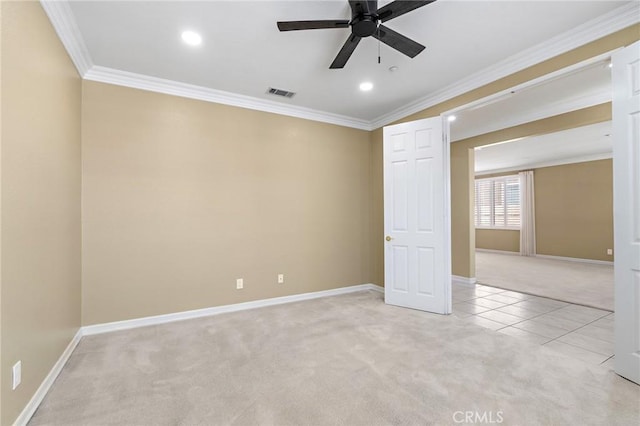 11529 Trailrun Ct, Riverside, CA 92505 - unfurnished room with light colored carpet, ceiling fan, recessed lighting, ornamental molding, and light tile patterned flooring