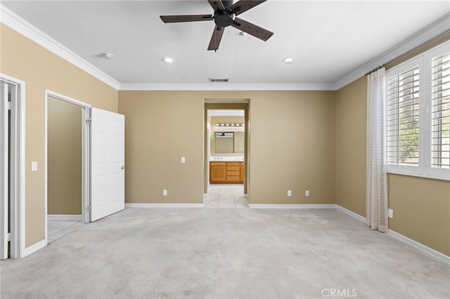 11529 Trailrun Ct, Riverside, CA 92505 - unfurnished bedroom with crown molding, light carpet, recessed lighting, ensuite bathroom, and a ceiling fan