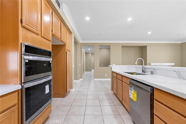 11529 Trailrun Ct, Riverside, CA 92505 - kitchen featuring appliances with stainless steel finishes, ornamental molding, light tile patterned floors, and recessed lighting