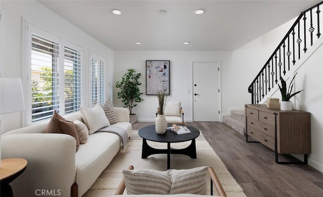 81 Golden Glen St Unit 1, Irvine, CA 92604 - living room with stairs, wood finished floors, and recessed lighting