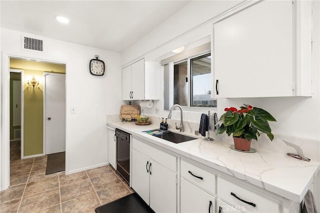 25890 Roanoke Rd, Menifee, CA 92586 - kitchen with dishwasher, white cabinetry, recessed lighting, and light stone finish floors