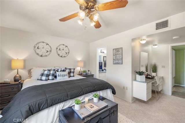 25890 Roanoke Rd, Menifee, CA 92586 - bedroom featuring light carpet, ensuite bathroom, and a ceiling fan