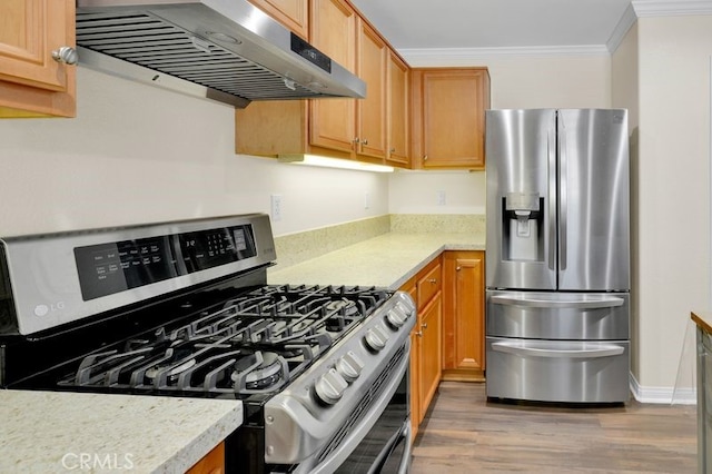 9142 San Luis Obispo Ln, Riverside, CA 92508 - kitchen with stainless steel appliances, ventilation hood, crown molding, wood finished floors, and light countertops