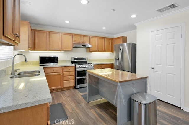 9142 San Luis Obispo Ln, Riverside, CA 92508 - kitchen with appliances with stainless steel finishes, under cabinet range hood, ornamental molding, dark wood-style floors, and light stone counters