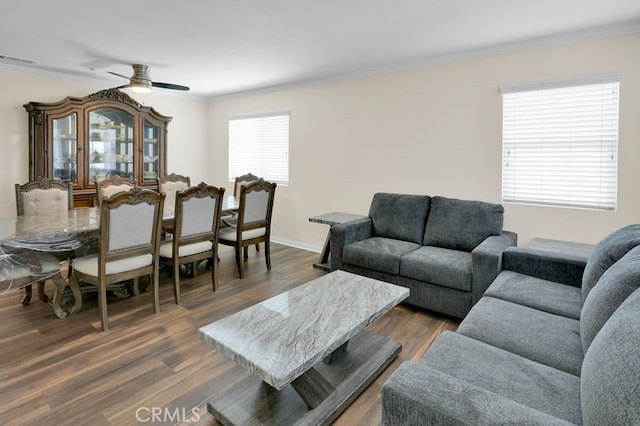 9142 San Luis Obispo Ln, Riverside, CA 92508 - living area with ornamental molding, ceiling fan, and dark wood-type flooring