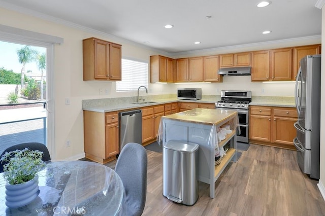 9142 San Luis Obispo Ln, Riverside, CA 92508 - kitchen with stainless steel appliances, under cabinet range hood, light countertops, plenty of natural light, and ornamental molding
