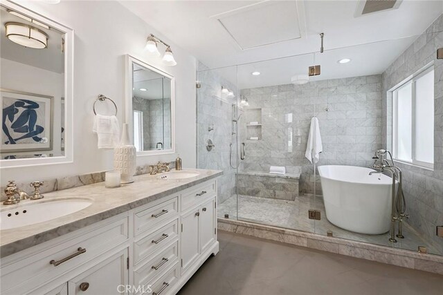 6137 Rustling Oaks Dr, Agoura Hills, CA 91301 - full bath with double vanity, a shower stall, and a freestanding tub
