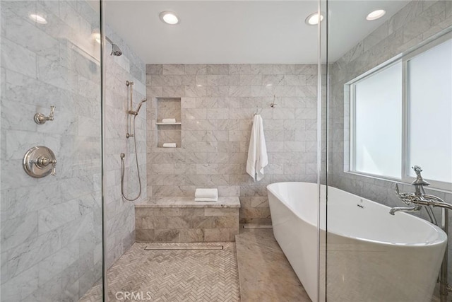 6137 Rustling Oaks Dr, Agoura Hills, CA 91301 - bathroom featuring tiled shower, a freestanding bath, tile walls, and recessed lighting