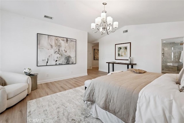 6137 Rustling Oaks Dr, Agoura Hills, CA 91301 - bedroom featuring a chandelier, wood finished floors, vaulted ceiling, and connected bathroom
