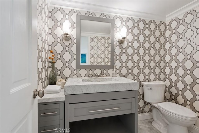 6137 Rustling Oaks Dr, Agoura Hills, CA 91301 - bathroom featuring wallpapered walls, ornamental molding, vanity, and marble finish floors