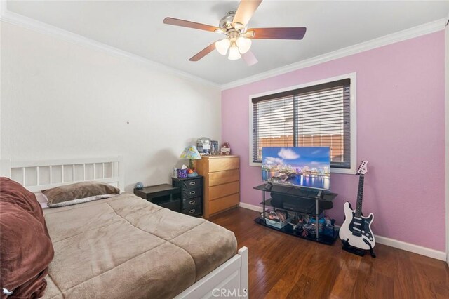 8950 Brentford Ave, San Diego, CA 92126 - bedroom featuring wood finished floors, crown molding, and a ceiling fan