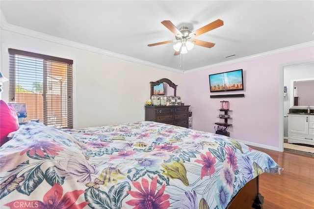 8950 Brentford Ave, San Diego, CA 92126 - bedroom featuring wood finished floors, crown molding, and ceiling fan