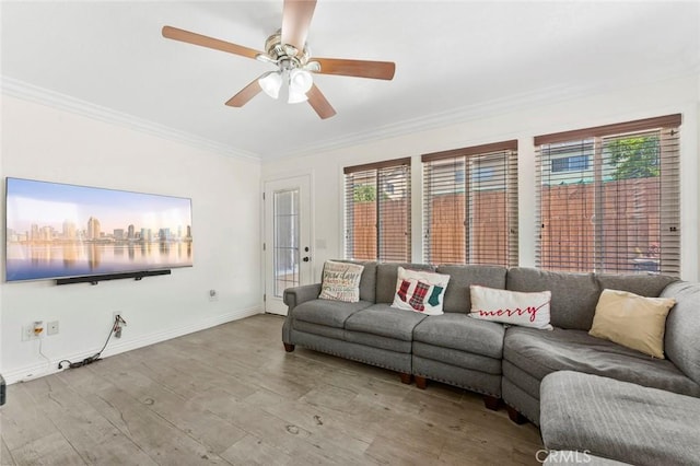 8950 Brentford Ave, San Diego, CA 92126 - living room featuring plenty of natural light, ornamental molding, wood finished floors, and a ceiling fan