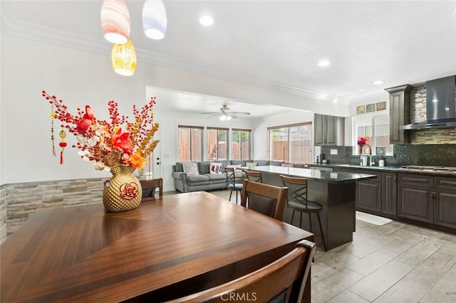 8950 Brentford Ave, San Diego, CA 92126 - dining area featuring ceiling fan, ornamental molding, and recessed lighting
