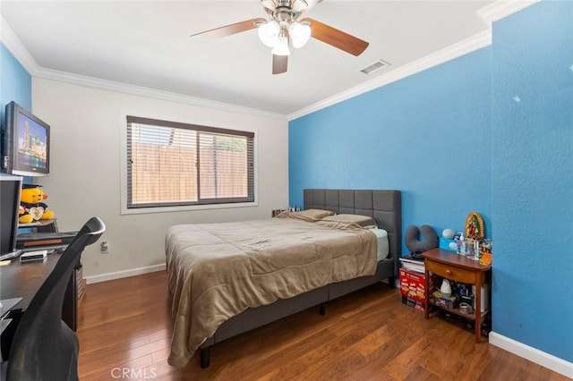 8950 Brentford Ave, San Diego, CA 92126 - bedroom featuring ornamental molding, wood finished floors, a desk, and a ceiling fan