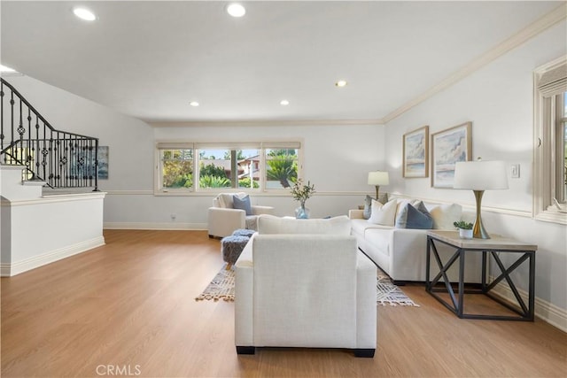 22550 Flamingo St, Woodland Hills, CA 91364 - living room with stairway, light wood finished floors, recessed lighting, and crown molding