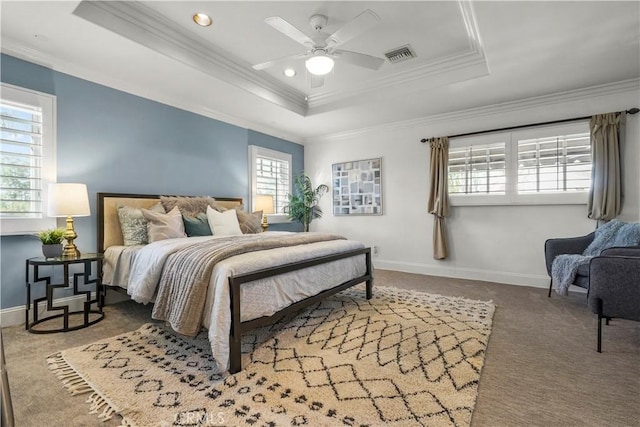22550 Flamingo St, Woodland Hills, CA 91364 - bedroom with carpet, multiple windows, a raised ceiling, ornamental molding, and a ceiling fan
