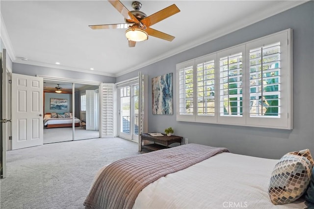 22550 Flamingo St, Woodland Hills, CA 91364 - bedroom featuring access to exterior, ornamental molding, carpet flooring, recessed lighting, and a ceiling fan