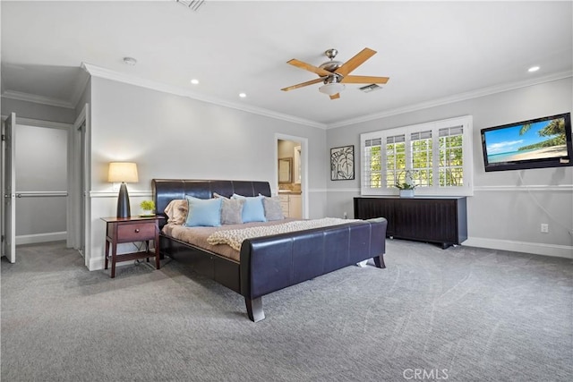 22550 Flamingo St, Woodland Hills, CA 91364 - bedroom with carpet, crown molding, recessed lighting, ceiling fan, and ensuite bathroom