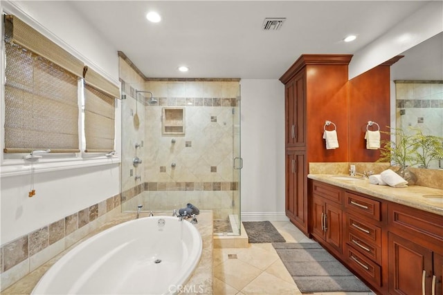 22550 Flamingo St, Woodland Hills, CA 91364 - full bathroom with a stall shower, a garden tub, double vanity, recessed lighting, and tile patterned floors