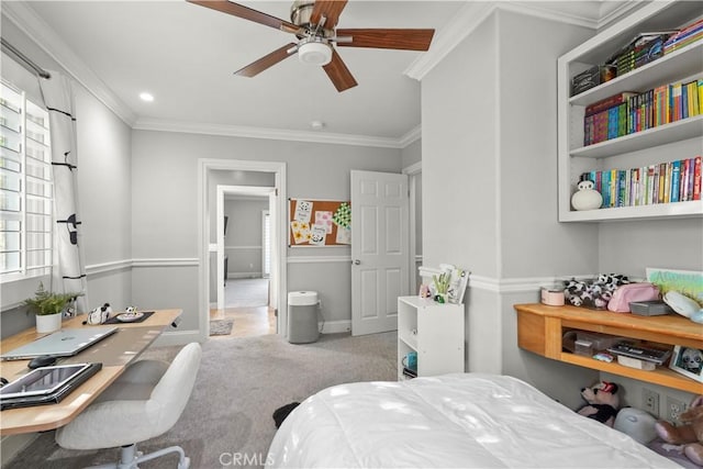 22550 Flamingo St, Woodland Hills, CA 91364 - carpeted bedroom with crown molding, ceiling fan, and an office area