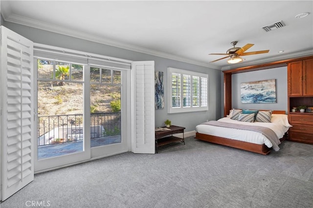 22550 Flamingo St, Woodland Hills, CA 91364 - carpeted bedroom featuring access to exterior, ornamental molding, and a ceiling fan