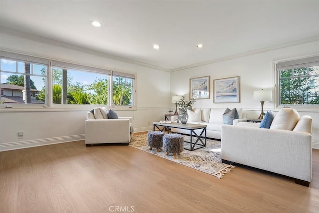 22550 Flamingo St, Woodland Hills, CA 91364 - living area featuring wood finished floors, crown molding, and recessed lighting