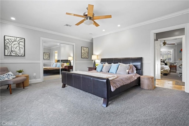 22550 Flamingo St, Woodland Hills, CA 91364 - carpeted bedroom featuring ornamental molding, recessed lighting, ceiling fan, and a closet