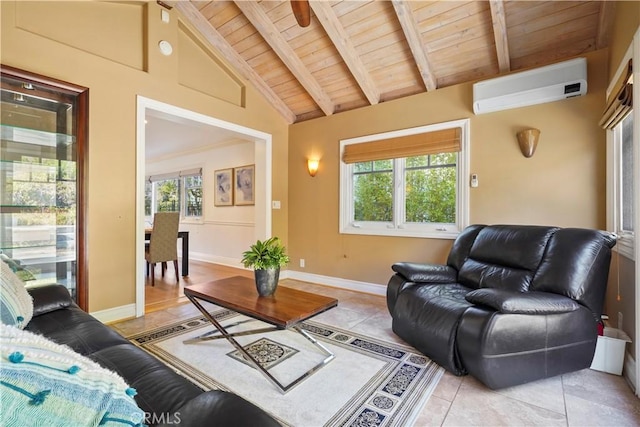 22550 Flamingo St, Woodland Hills, CA 91364 - living area featuring a wall unit AC, a wooden ceiling with exposed beams, light tile patterned flooring, and high vaulted ceiling