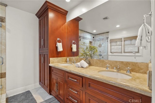 22550 Flamingo St, Woodland Hills, CA 91364 - full bath featuring a shower stall, double vanity, tile patterned flooring, and recessed lighting