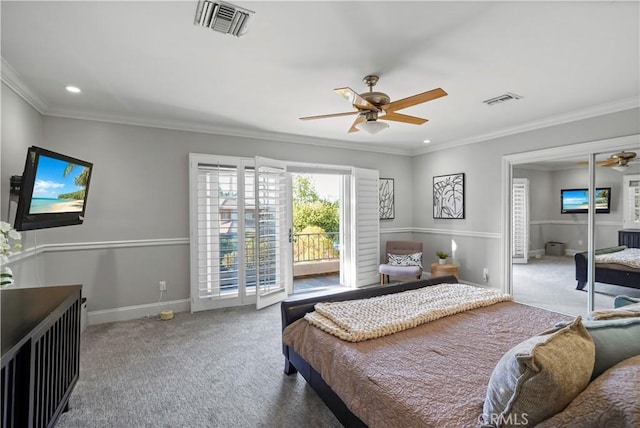 22550 Flamingo St, Woodland Hills, CA 91364 - carpeted bedroom featuring access to outside, recessed lighting, crown molding, and a ceiling fan