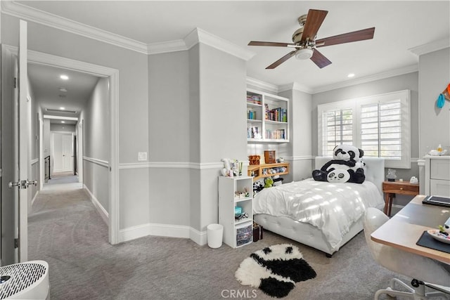 22550 Flamingo St, Woodland Hills, CA 91364 - carpeted bedroom with recessed lighting, ornamental molding, and ceiling fan