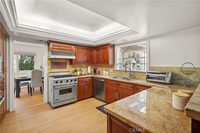 22550 Flamingo St, Woodland Hills, CA 91364 - kitchen featuring stainless steel appliances, under cabinet range hood, a tray ceiling, light wood-type flooring, and tasteful backsplash