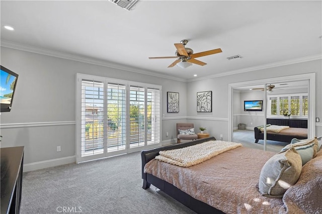 22550 Flamingo St, Woodland Hills, CA 91364 - bedroom with carpet floors, crown molding, recessed lighting, and ceiling fan