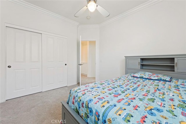72 Westwind Dr, Tustin, CA 92782 - bedroom with ornamental molding, light carpet, a closet, and ceiling fan