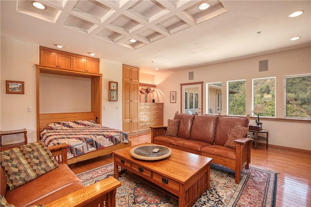 4570 Christine Loomis Dr, Arroyo Grande, CA 93420 - bedroom with coffered ceiling, recessed lighting, beamed ceiling, and light wood finished floors