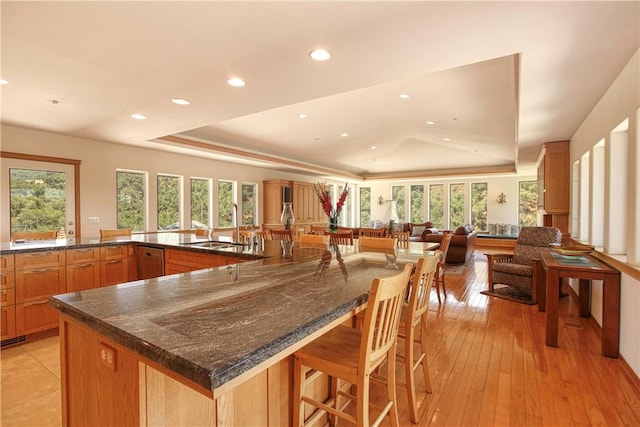 4570 Christine Loomis Dr, Arroyo Grande, CA 93420 - kitchen with a tray ceiling, plenty of natural light, recessed lighting, open floor plan, and a breakfast bar