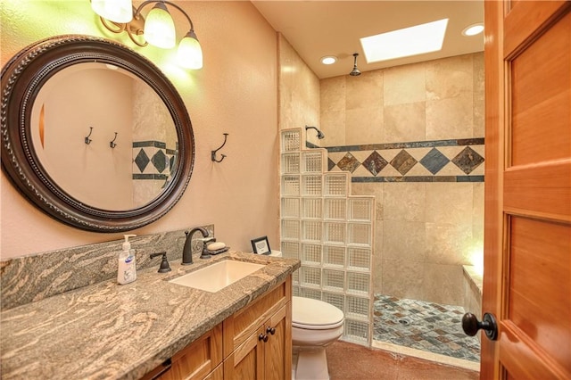 4570 Christine Loomis Dr, Arroyo Grande, CA 93420 - bathroom with a skylight, a walk in shower, vanity, and recessed lighting