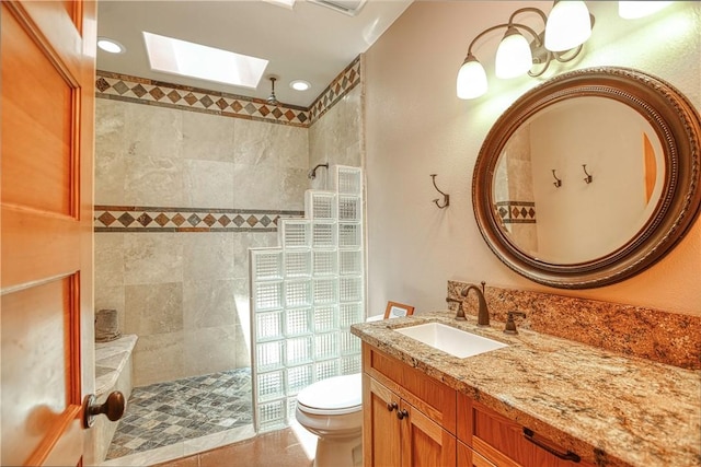 4570 Christine Loomis Dr, Arroyo Grande, CA 93420 - bathroom with a skylight, a walk in shower, vanity, recessed lighting, and tile patterned flooring
