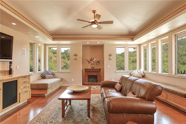 4570 Christine Loomis Dr, Arroyo Grande, CA 93420 - living area with a tray ceiling, a ceiling fan, a fireplace, recessed lighting, and wood finished floors