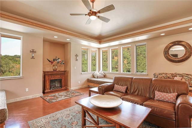 4570 Christine Loomis Dr, Arroyo Grande, CA 93420 - living area featuring ceiling fan, recessed lighting, a glass covered fireplace, and a tray ceiling