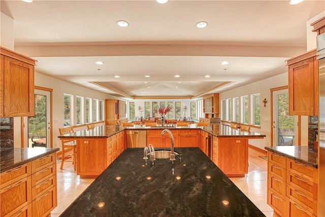 4570 Christine Loomis Dr, Arroyo Grande, CA 93420 - kitchen featuring a raised ceiling, healthy amount of natural light, dishwasher, light tile patterned flooring, and recessed lighting