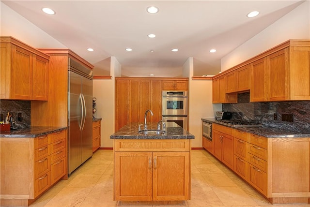 4570 Christine Loomis Dr, Arroyo Grande, CA 93420 - kitchen featuring built in appliances, recessed lighting, dark stone counters, backsplash, and light tile patterned flooring